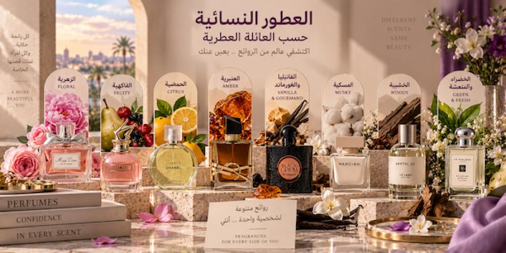العطور النسائية حسب العائلة العطرية: دليل الزهور والفواكه والعنبر والأخشاب