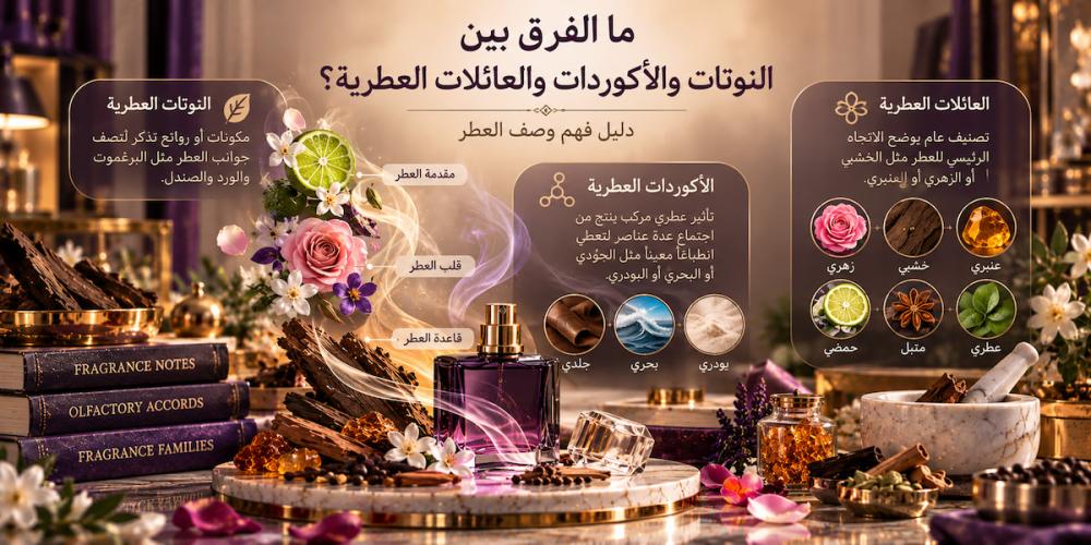 ما الفرق بين النوتات والأكوردات والعائلات العطرية؟ دليل فهم وصف العطر