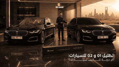 مقارنة بين تظليل سيارات 01 و02 من SS Shield توضح اختلاف درجات عزل الحر