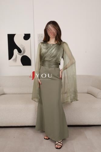 فستان ناعم زيتوني بأكمام واسعة شيفون ولمسة لامعة
