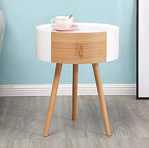 طاولة جانبية خشبية دائرية مع درج