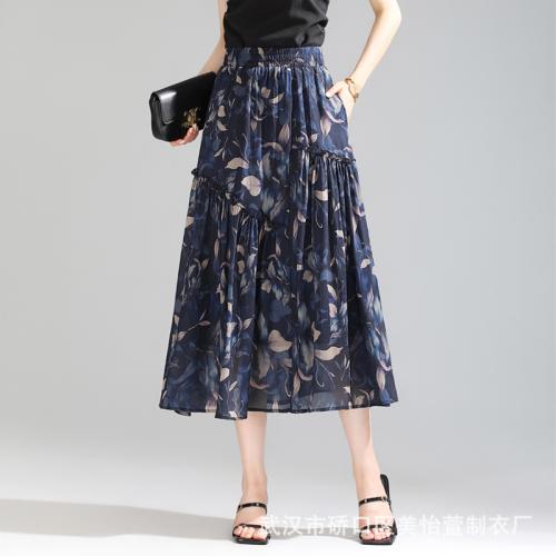 Printed chiffon A- line skirt elastic waist drape...