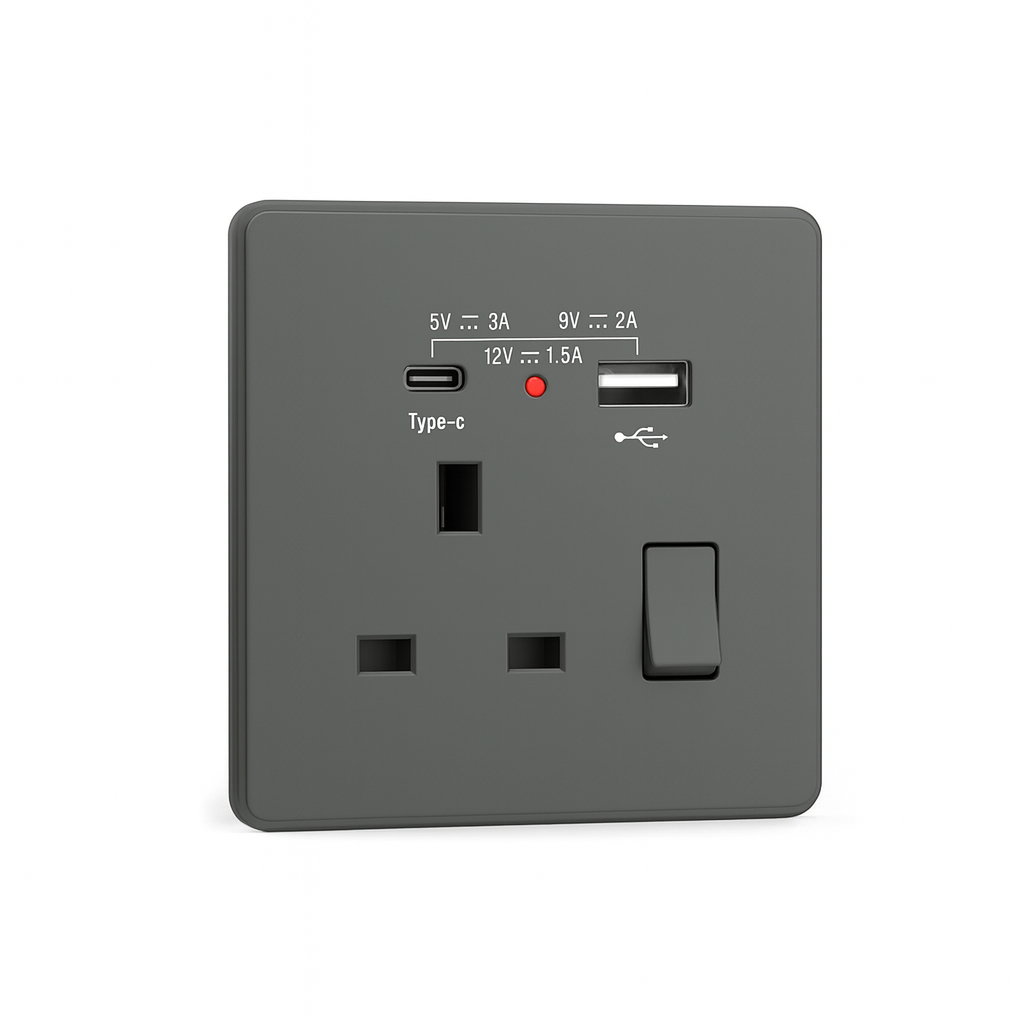 فيش 13 امبير بمفتاح مع شاحن USB وTYEB C موفال