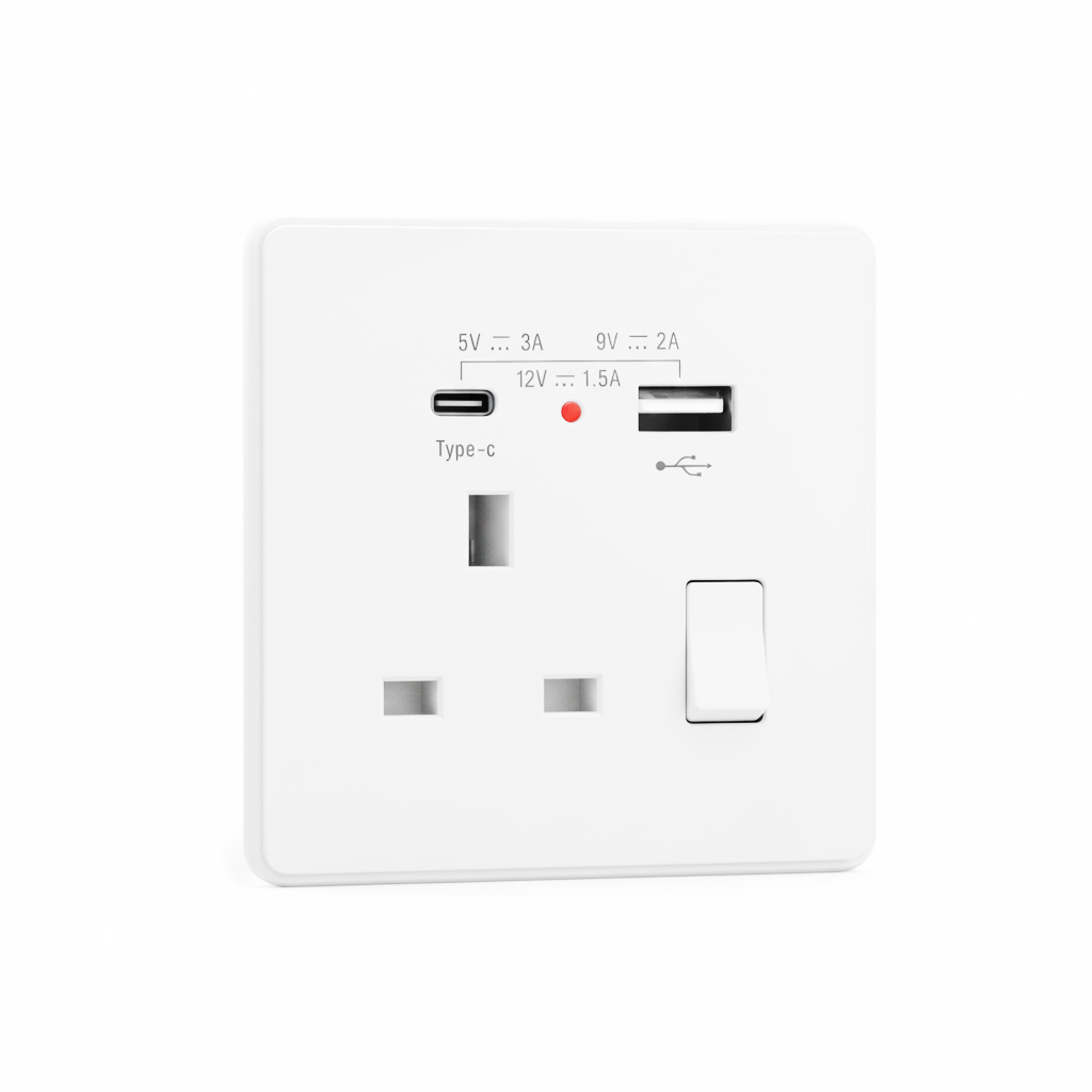 فيش 13 امبير بمفتاح مع شاحن USB وTYEB C موفال