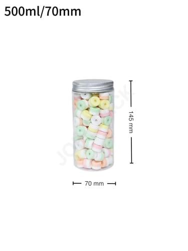 جار 500 مل بلاستيك شفاف بغطاء المونيوم فضي 100 حبة