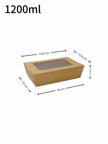 علبه طعام 1200 مل ورق كرافت بنافذة بلاستيك شفاف 200 حبة