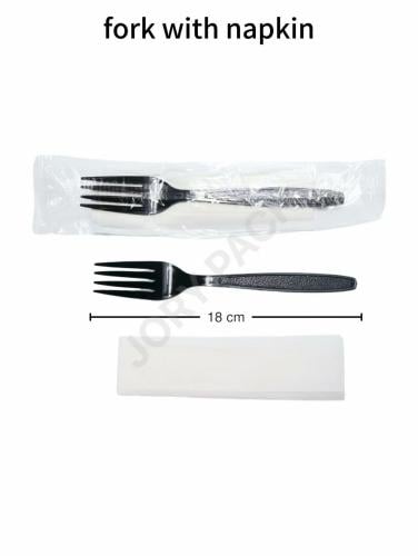 شوكة طعام بلاستيك اسود VIP بغلاف بلاستيك شفاف+منديل 1000 حبة