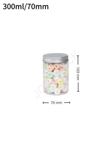 جار 300 مل بلاستيك شفاف بغطاء المونيوم فضي 100 حبة