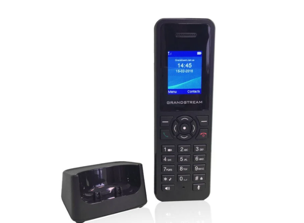 تليفون IP قراند ستريم DP720 لاسلكى يدعم نطاقًا يصل إلى 300 متر في الهواء الطلق و 50 مترًا داخليًا من المحطة الأساسية و يدعم ما يصل إلى 10 حسابات SIP لكل هاتف
