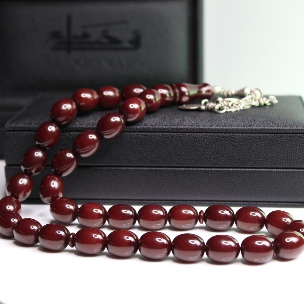 مسباح مسكي عسلي ممزوج بالبني معتقة بلمسة أثرية و خرز بيضوي كبير