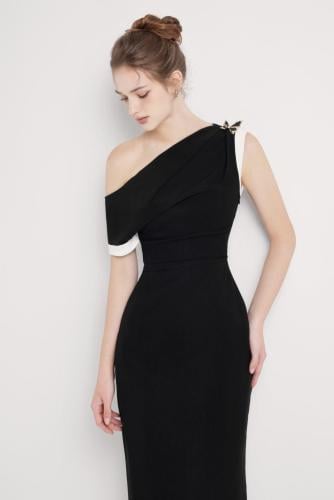 Otis Pegged Diagonal Neck Polycotton Midi Dress