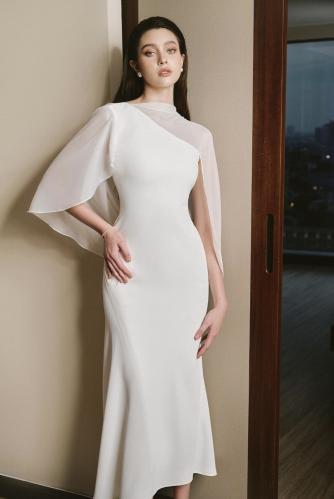 Abigail Trumpet Cape Sleeved Twill Midi
