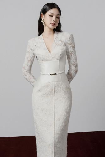 Gaia Sheath V-Neck Lace Midi Dress