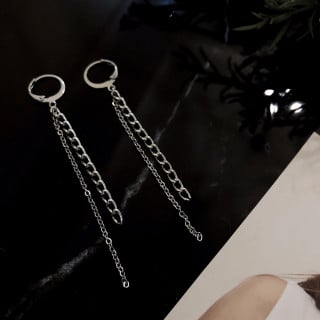حلق دائري صغير مع سلاسل طويله | silver mini hoop earrings with long chain