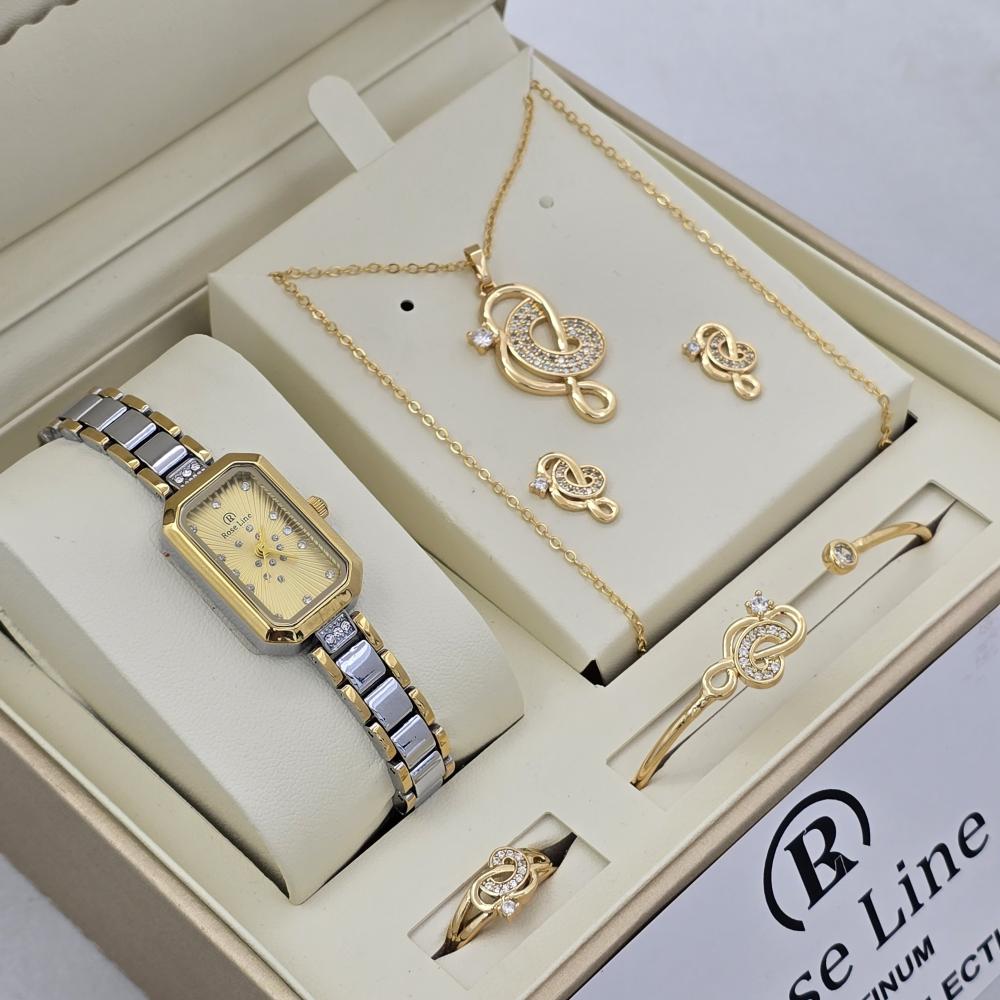 هديه نسائيه فاخره ساعه وسلسال وحلق واسواره باللون الذهبي