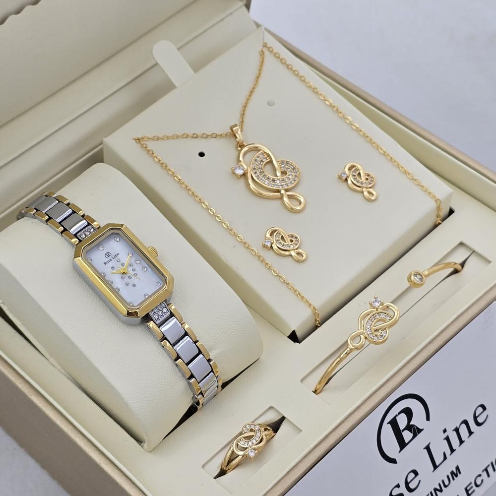 هديه نسائيه فاخره ساعه وسلسال وحلق واسواره باللون الذهبي