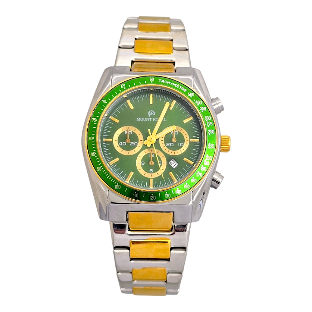 ساعة رجالي ذهبي وفضي  مينا اخضر - مونت رويال