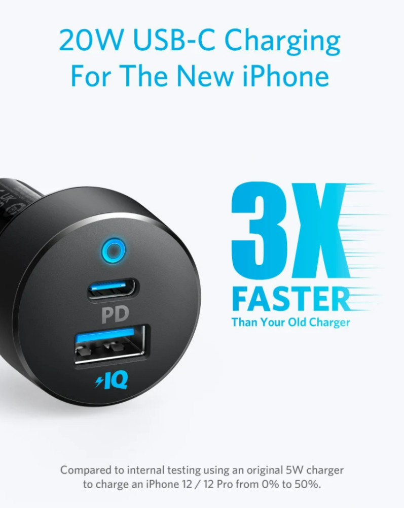 شاحن سيارة انكر باوردرايف كلاسيك 35 واط بمنفذ USB ومنفذ تايب سي - اسود