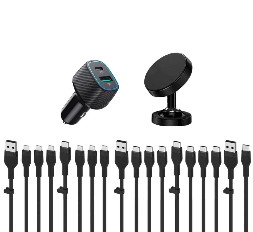 بوكس السيارة | بكج اكسسوارات السيارة 13 كيبل شحن ومثبت جوال + شاحن سيارة من فلكس