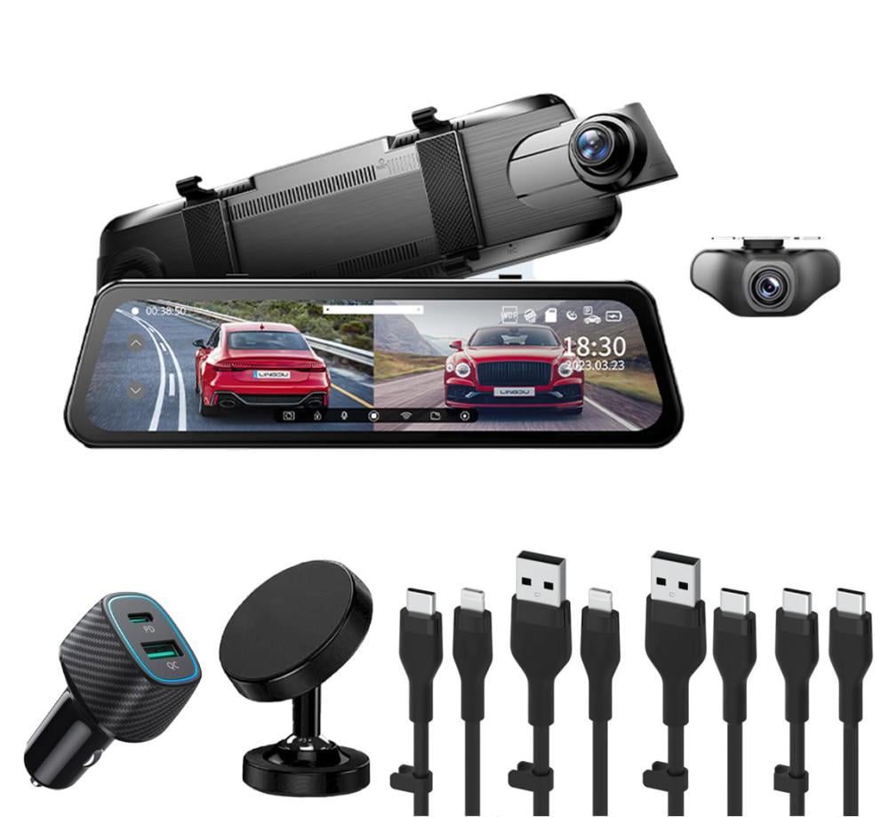 بوكس السيارة داش كام مرايا بكاميرا امامية وخلفية بدقة 4K من LINGDU LD2K مع هدية بكج اكسسوارات السيارة