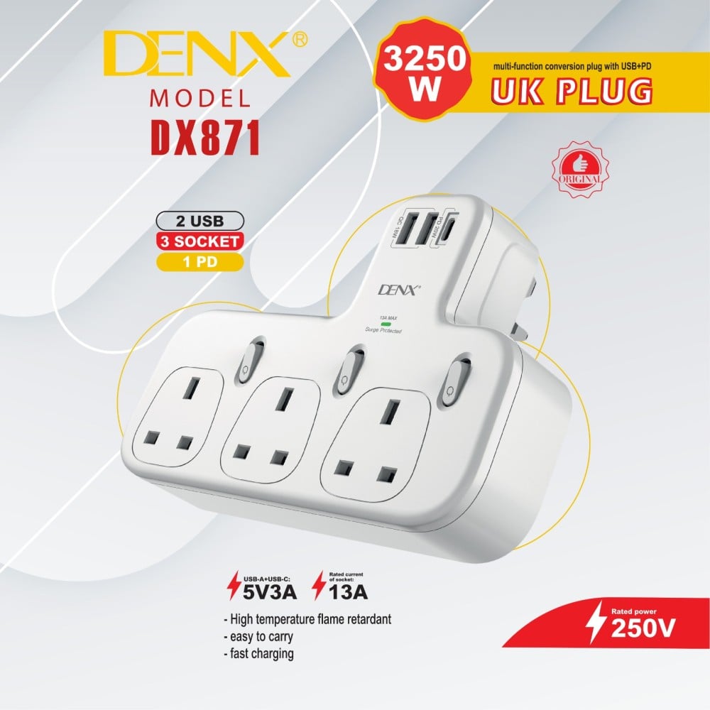 فيش جداري مشترك كهرباء بـ3 منافذ ثلاثية ومنفذين USB ومنفذ PD يدعم الشحن السريع من دينكس DX871