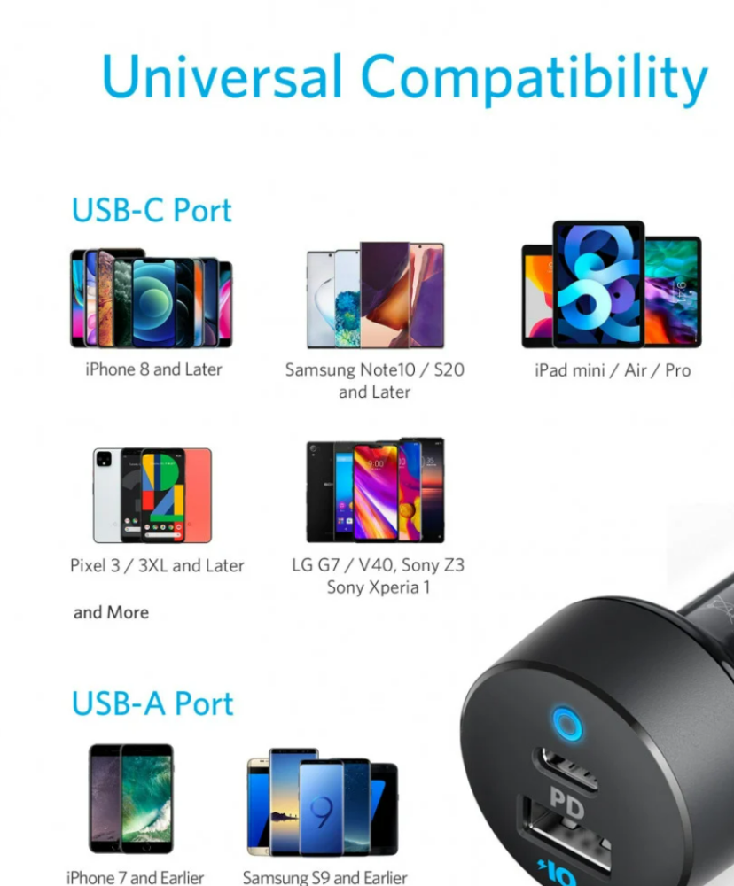 شاحن سيارة انكر باوردرايف كلاسيك 35 واط بمنفذ USB ومنفذ تايب سي - اسود