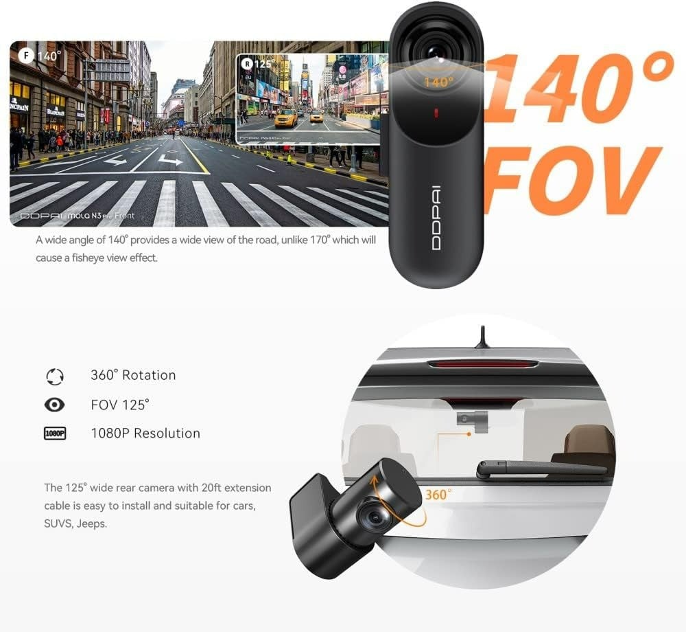 DDPAI N3 Pro GPS dash cam with front camera and rear camera with