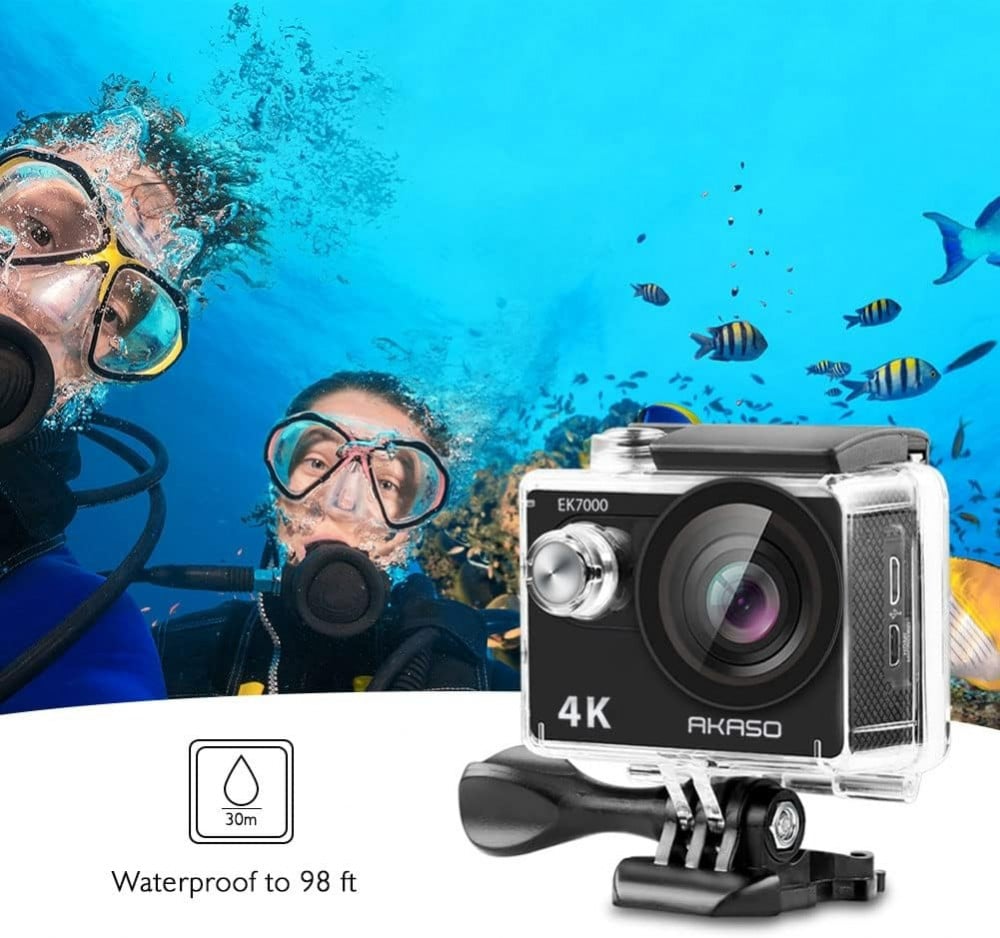 AKASO EK7000 4K 30FPS camera, water resistant up to 30 meters under the  sea, 170 degree wide shooting angle - بوكس أصفر