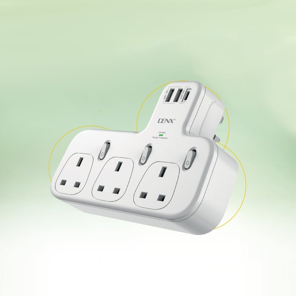 فيش جداري مشترك كهرباء بـ3 منافذ ثلاثية ومنفذين USB ومنفذ PD يدعم الشحن السريع من دينكس DX871