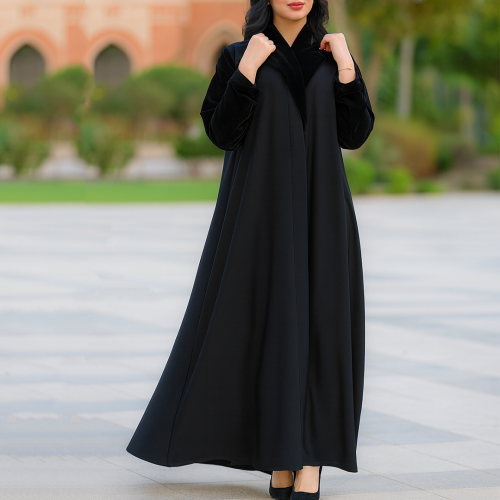 عباية عملية بأكمام وياقة مخمل اسود - k8 -