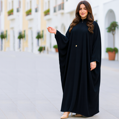 عباية بشت سوداء سادة مقفلة بسحاب مخفي - T5 -