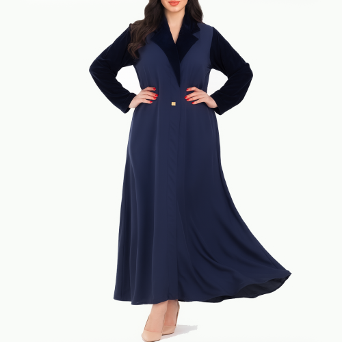 عباية كحلية مقفلة طق طق مخفي بأكمام مخمل - k1 -