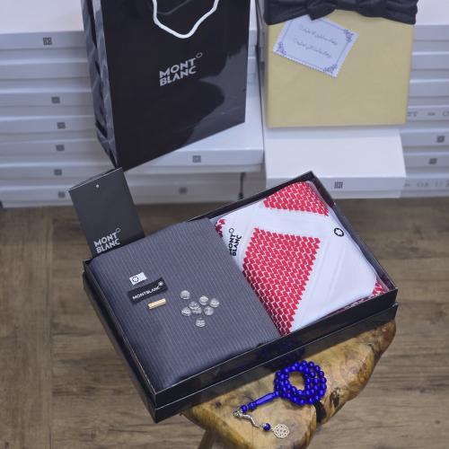 طقم قماش مقلم فاخر مع شماغ مونت بلانك وملحقاته