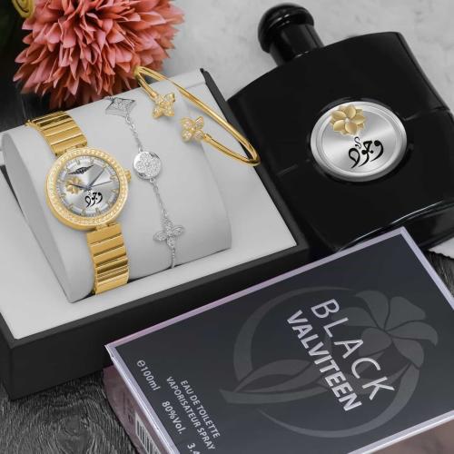 طقم نسائي بلون الذهبي ساعة نسائية راقيه من متجر رومكس