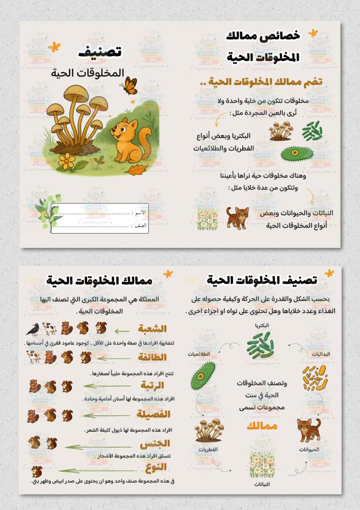 مطوية تصنيف المخلوقات الحية مادة ( علوم ) رابع ابتدائي