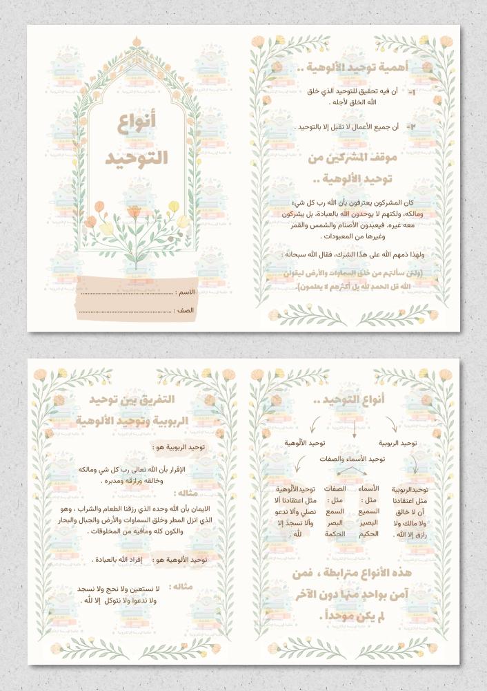 مطوية أنواع التوحيد مادة اسلامية ( توحيد ) رابع ابتدائي