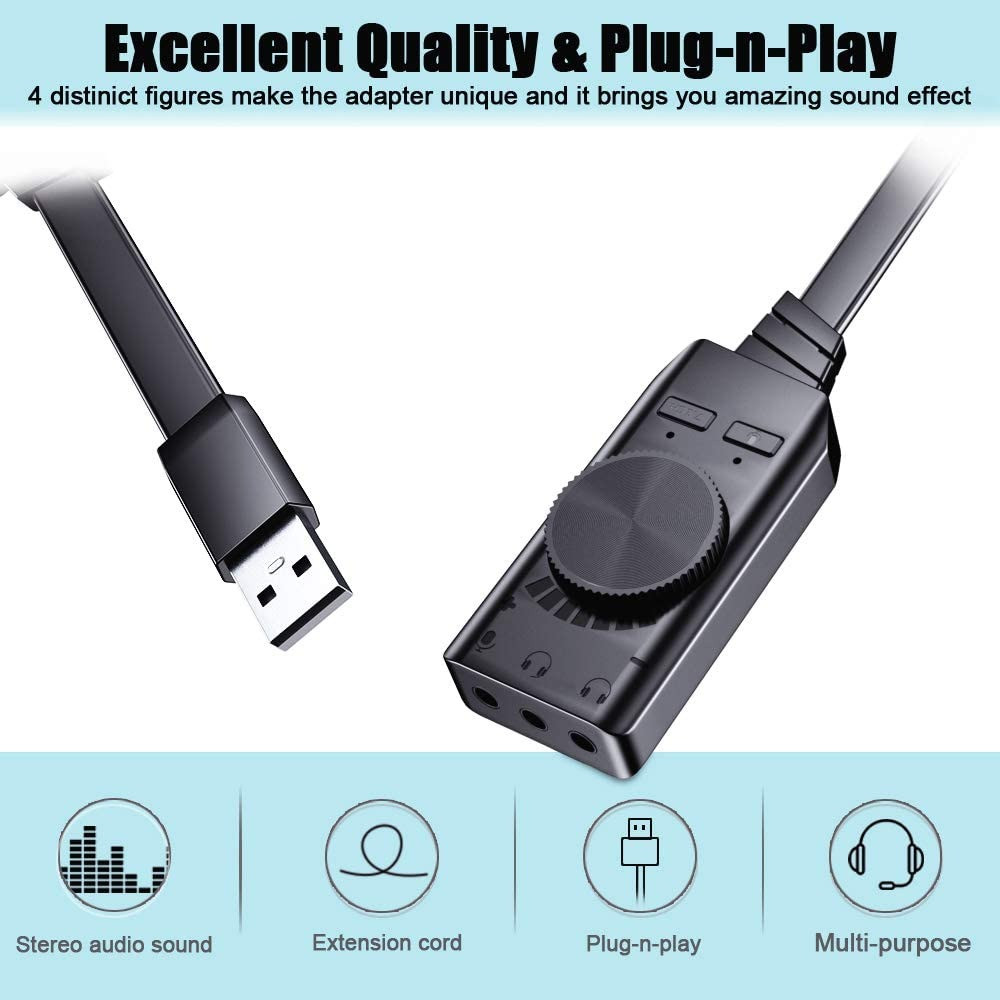 USB Sound Card Adapter BENGOO External Audio Adapter Stereo Sound Card Converter 3.5mm AUX Microphone Jack for Gaming Headset Earphone PS4 Laptop Desktop Windows Mac OS Linux Plug Play 