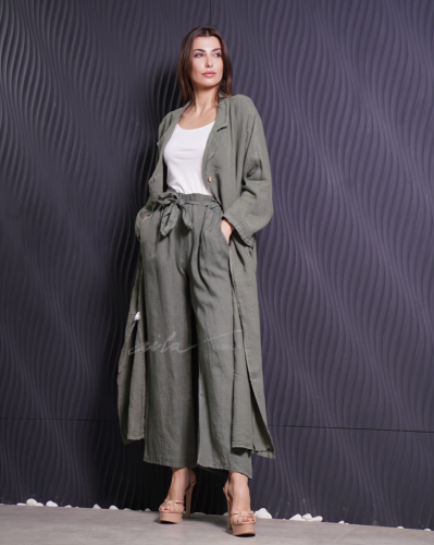 Linen blazer with olive pants