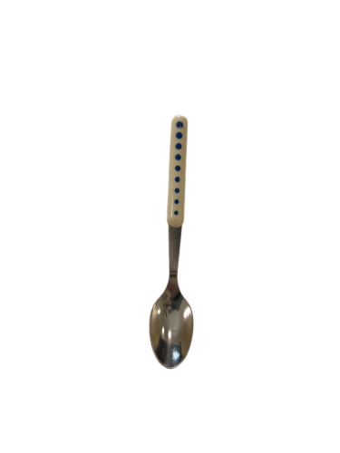 White round plastic spoon with blue dots