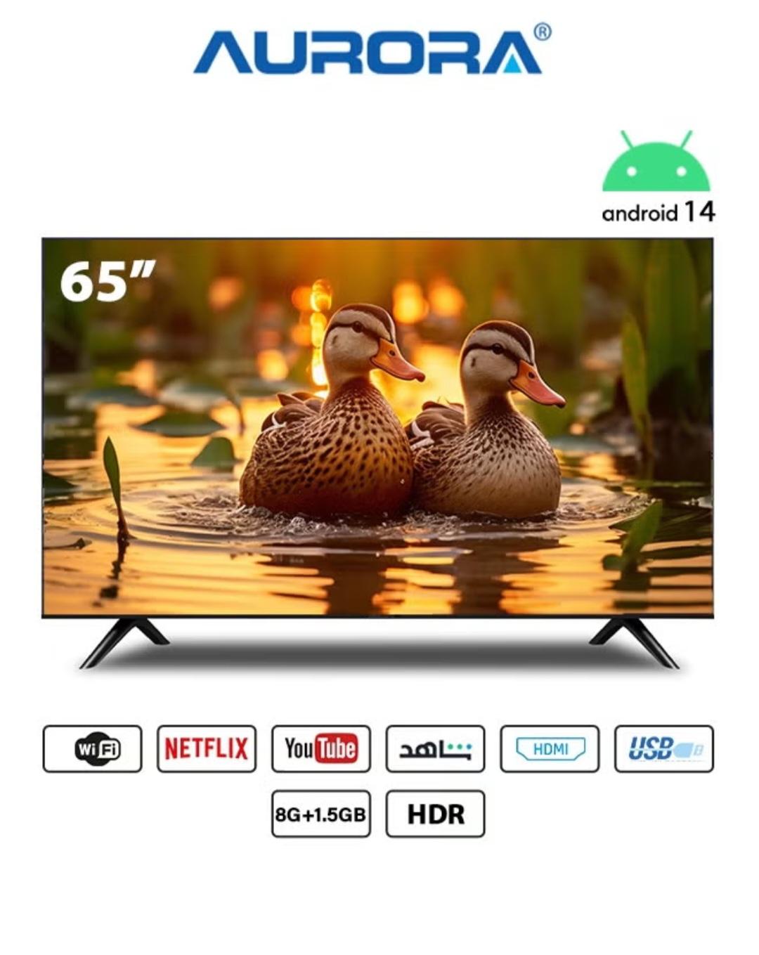 شاشة أورورا 65 بوصة - سمارت 4K - عالية الوضوح - أندرويد 14 - دقة UHD 4K - رسيفر داخلي - AR-65LPS