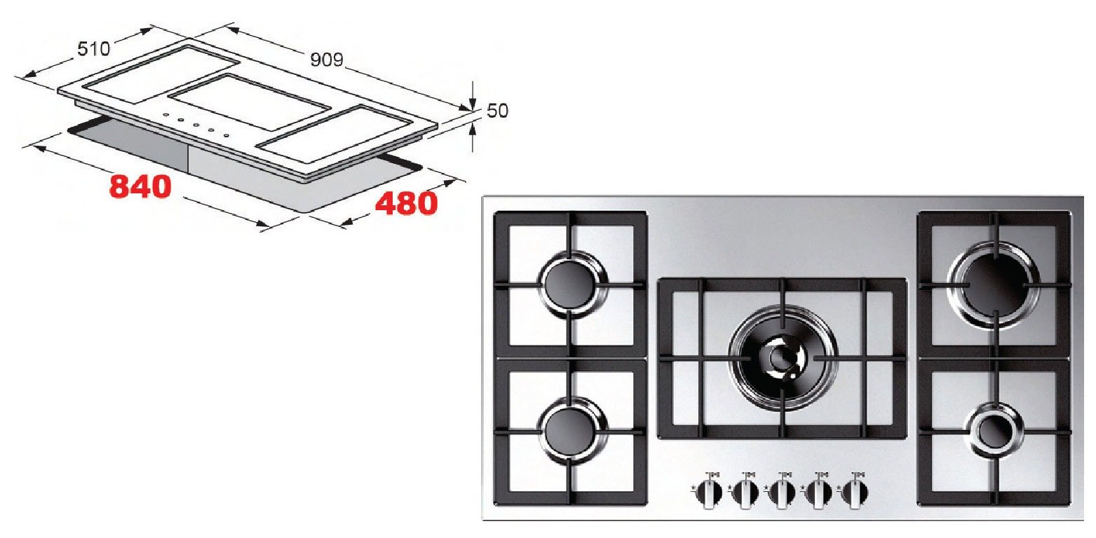 منجنتي من الجيكوم - سطح 5 عيون غاز عين ثلاثية في الوسط صمام أمان إشعال ذاتي استيل صناعه إيطاليه 90 سم MELA902