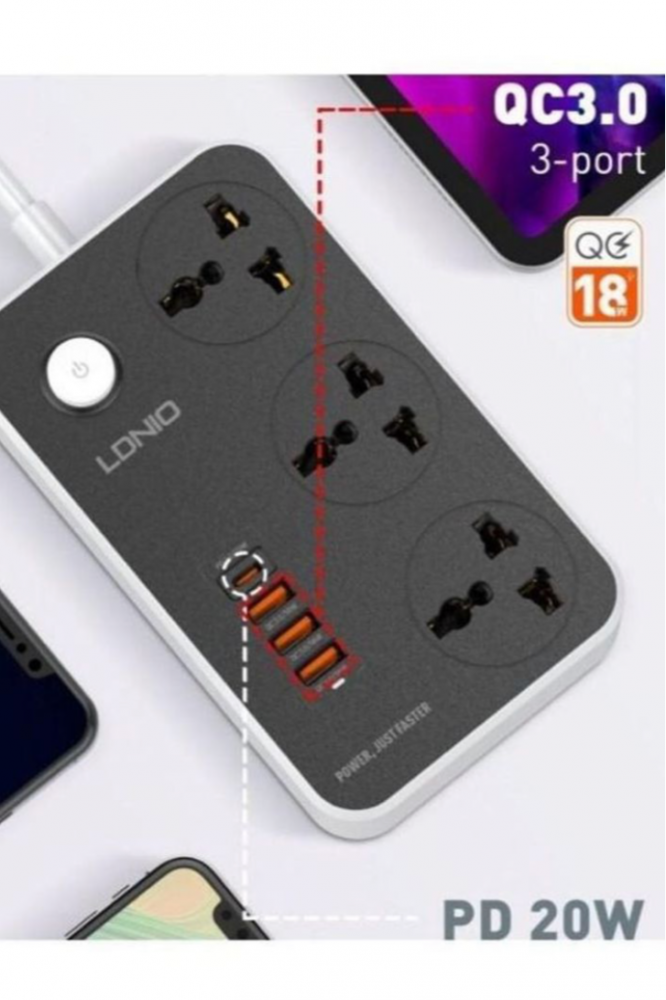 توصيلة كهربائية LDNIO بمنفذ PD 20W مع 3 منافذ تيار متردد و 3 منافذ USB طول 3M