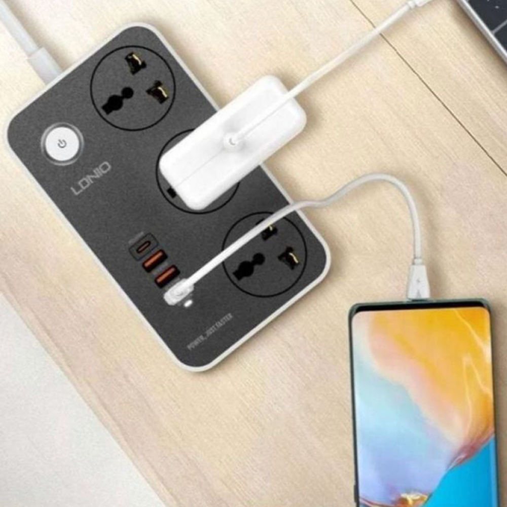 توصيلة كهربائية LDNIO بمنفذ PD 20W مع 3 منافذ تيار متردد و 3 منافذ USB طول 3M