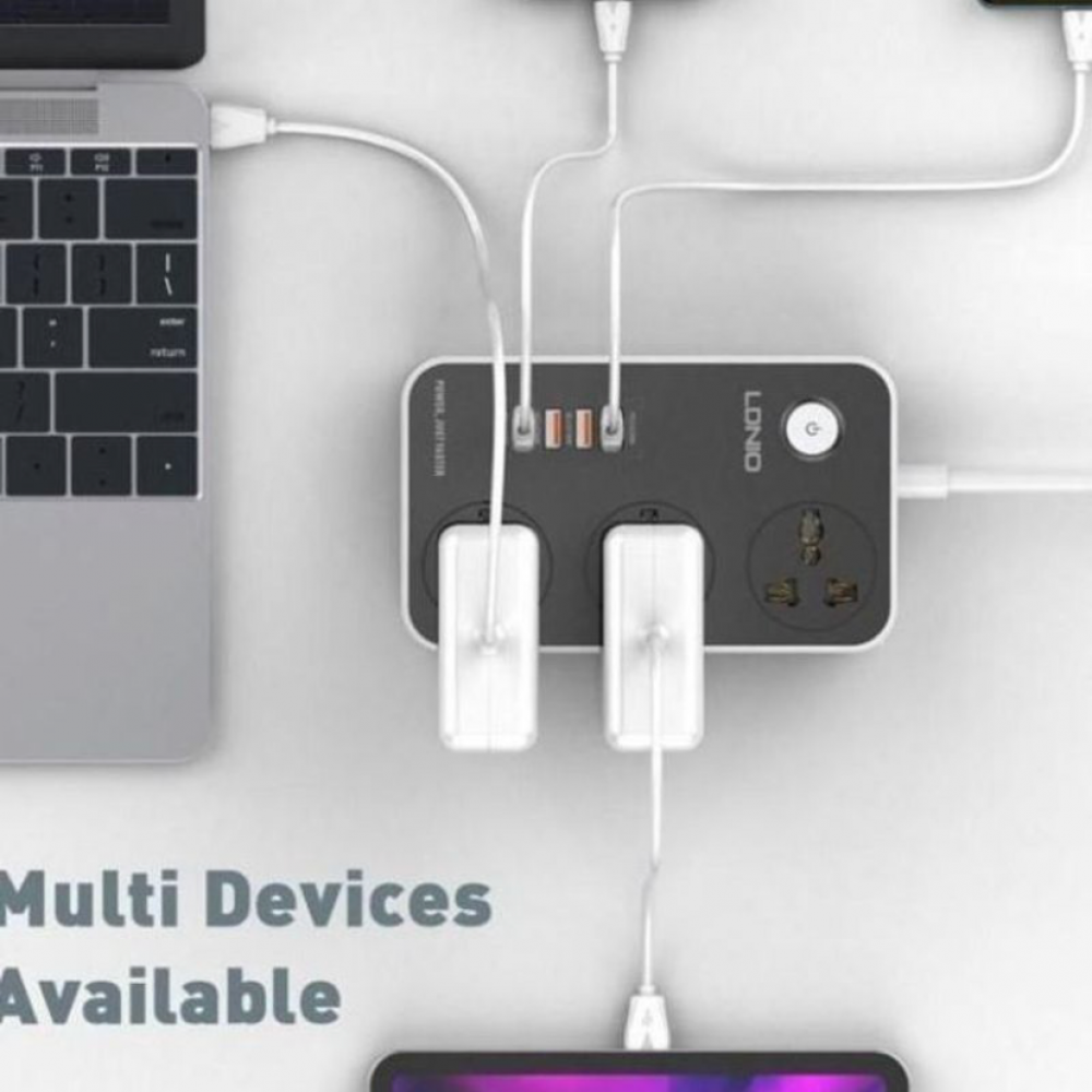 توصيلة كهربائية LDNIO بمنفذ PD 20W مع 3 منافذ تيار متردد و 3 منافذ USB طول 3M