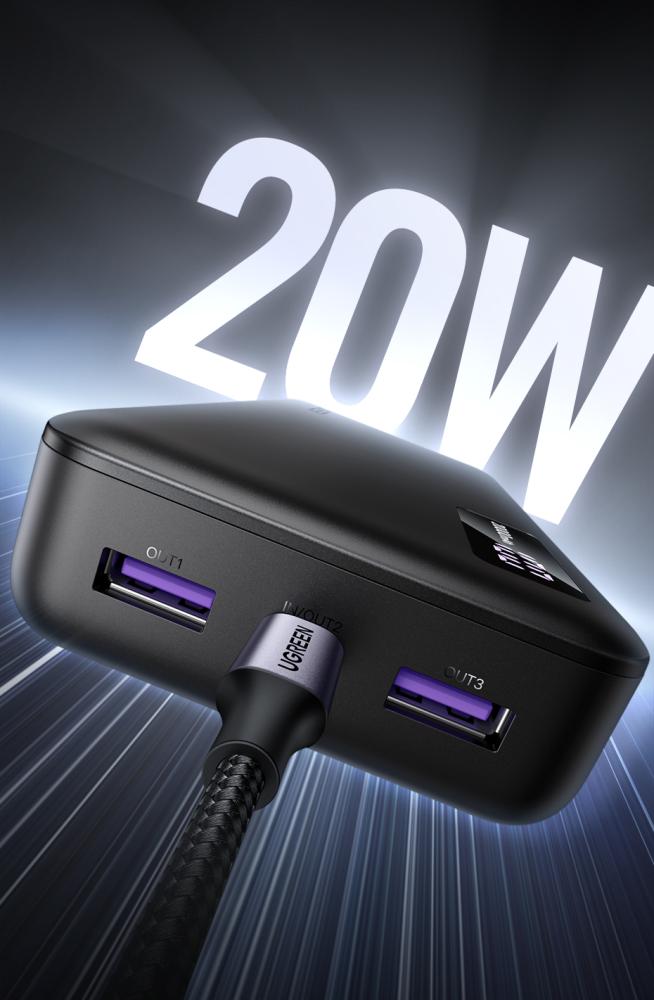 بطارية متنقلة بحجم 20000mAh وسرعة 20 واط وبثلاثة منافذ من UGREEN