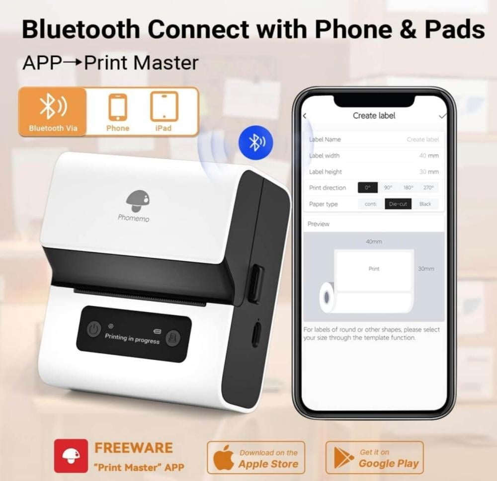 فوميمو طابعة ملصقات الباركود M221 3 انش حرارية محمولة بلوتوث للاعمال الصغيرة / الاستخدام المنزلي للباركود والعنوان والشعار والبريد والملصقات متوافقة مع الجوال والكمبيوتر الشخصي ابيض