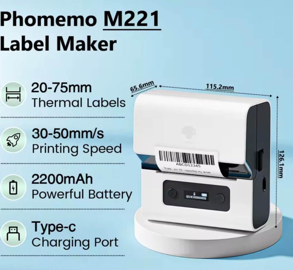 فوميمو طابعة ملصقات الباركود M221 3 انش حرارية محمولة بلوتوث للاعمال الصغيرة / الاستخدام المنزلي للباركود والعنوان والشعار والبريد والملصقات متوافقة مع الجوال والكمبيوتر الشخصي ابيض