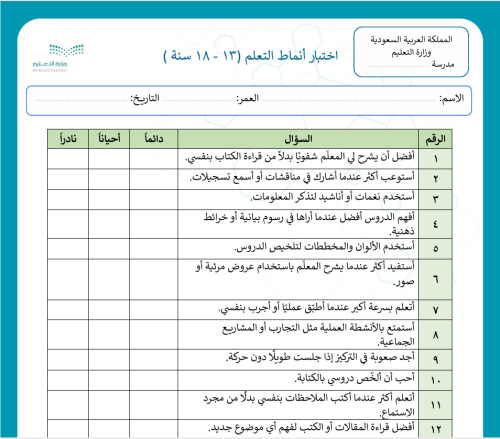 اختبار أنماط التعلم للمراهقين + تقرير تصنيف الطلاب...
