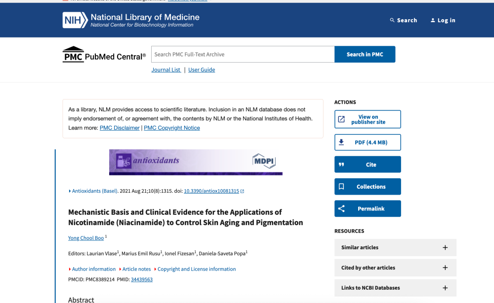 النيكوتيناميد لمكافحة شيخوخة البشرة والتصبغات: الأساس الآلي والأدلة السريرية
