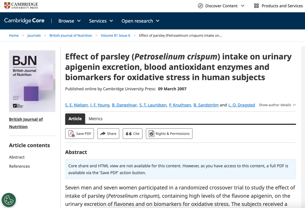 تأثير تناول البقدونس (Petroselinum crispum) على إفراز الأبيجينين في البول، وإنزيمات مضادات الأكسدة في الدم، ومؤشرات الإجهاد التأكسدي لدى البشر